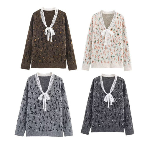 Løs Striktrøje med Flæser og Leopardprint til Kvinder
