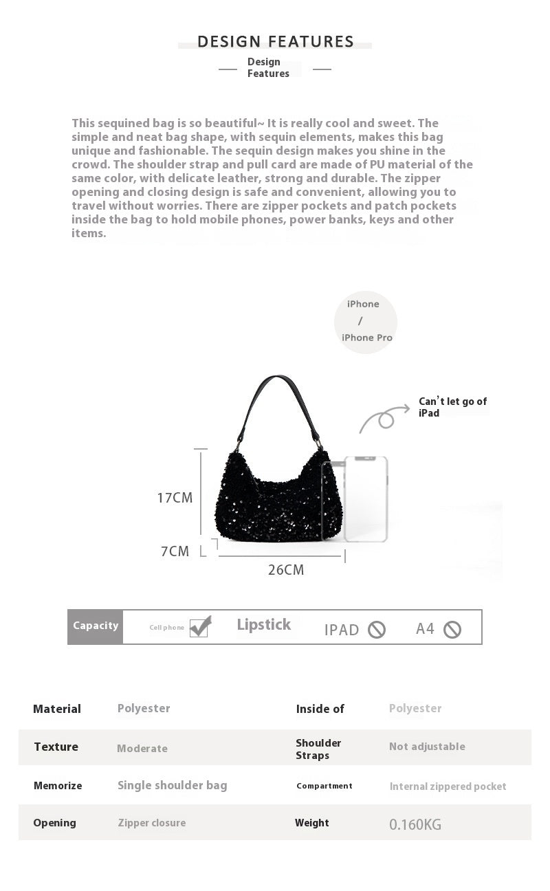 Sequined High-grade PU Shoulder Handbag Underarm Bag