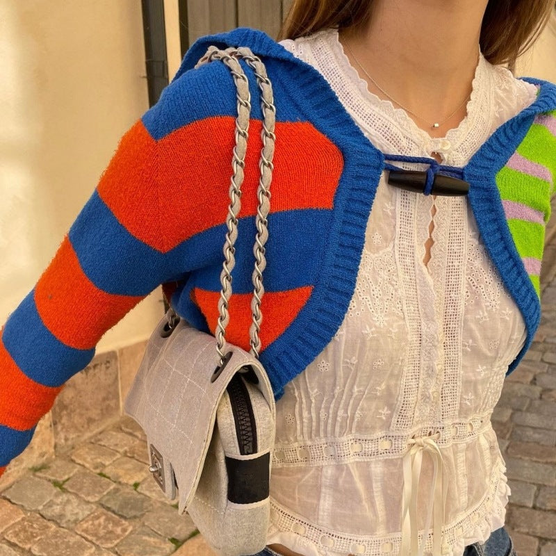 Lapel Knitwear Women's Contrast Color Striped Short Style