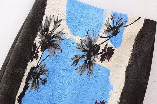 Spring New All-match Flower Print Back Slit Straight Midi Skirt