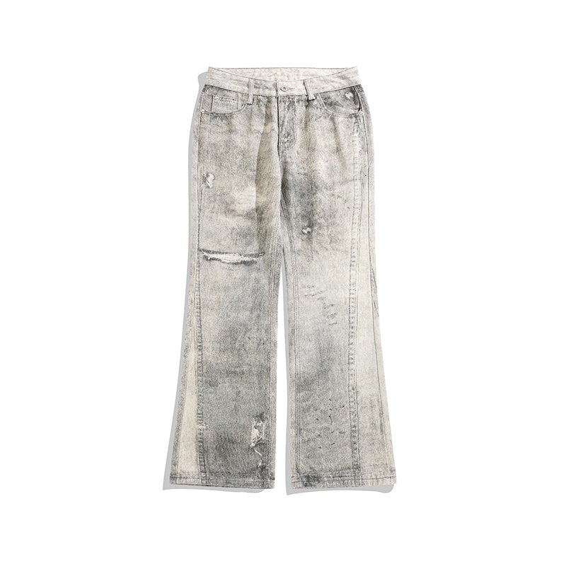 Tie-dyed Waste Soil Worn Jeans Holes Slightly Pull Mop Pants
