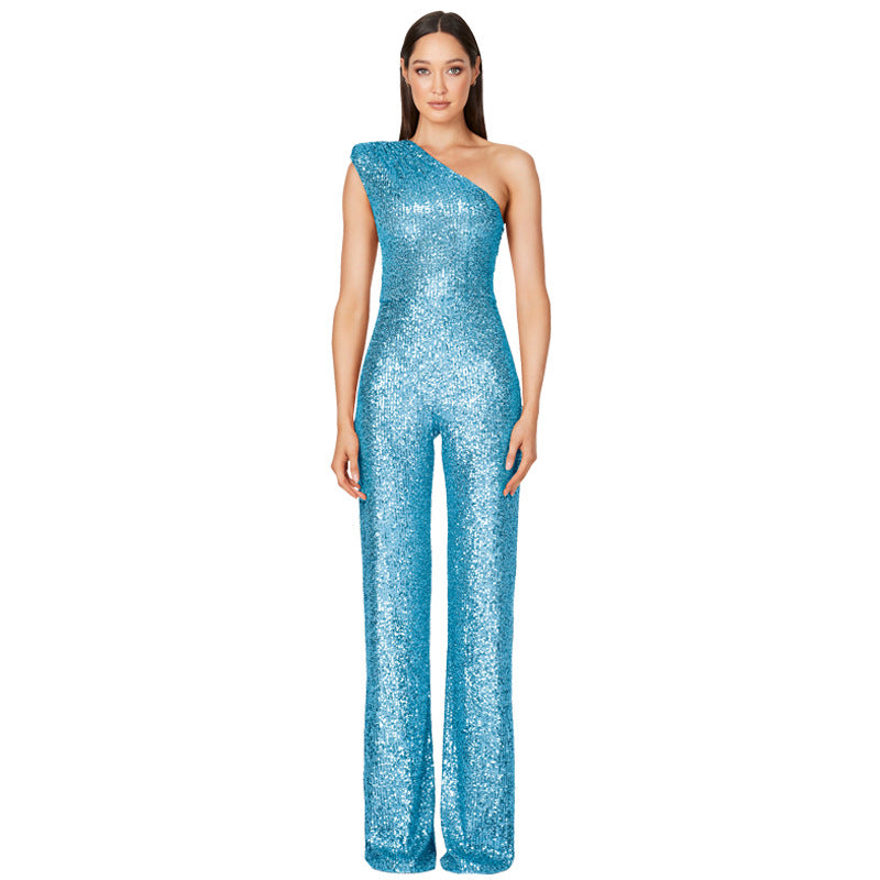 Sleeveless One-shoulder Fashion High Waist Design Sequined Jumpsuit