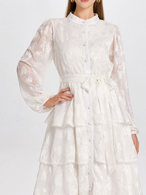Round Neck Long Sleeve Lace Embroidered Long Cake Dress