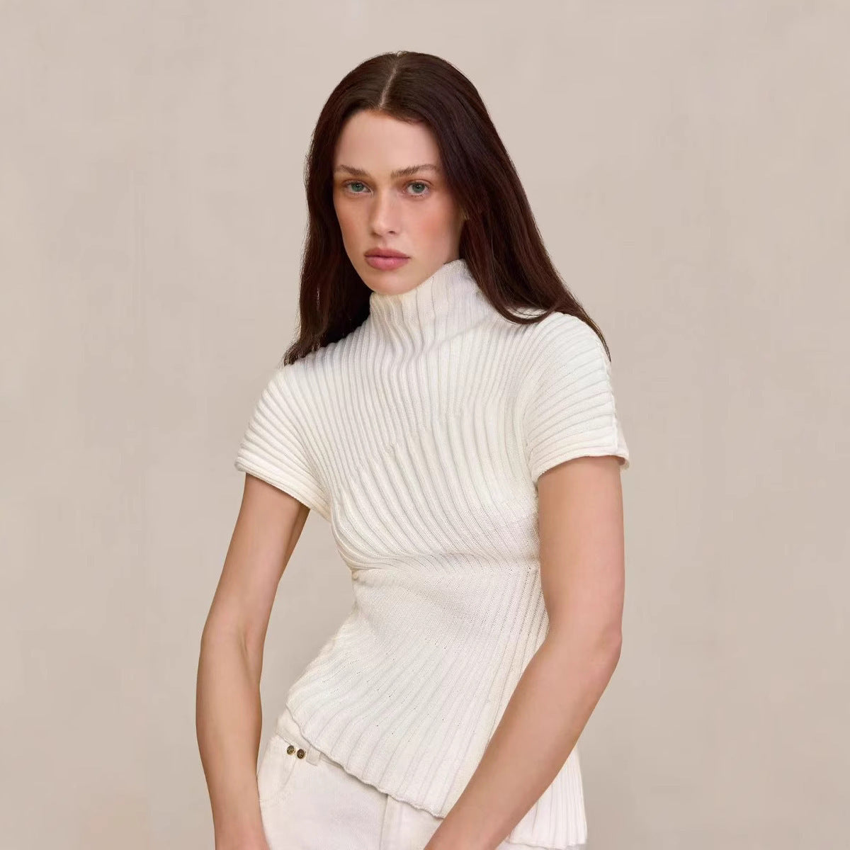 Fashion Irregular Stand Collar Solid Color Sweater For Women