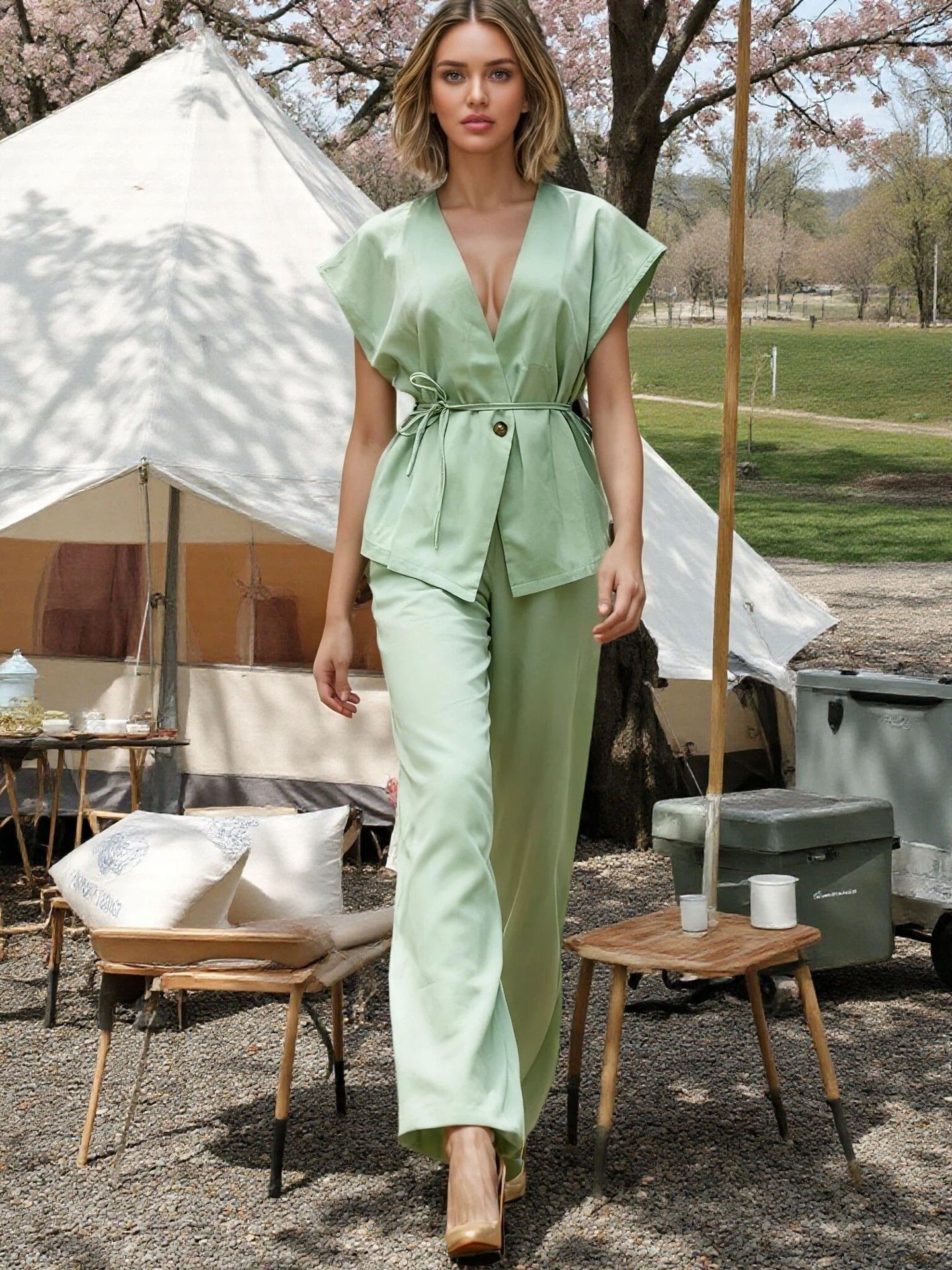 Womens Casual Vest And Pants Set With Ties Solid Color