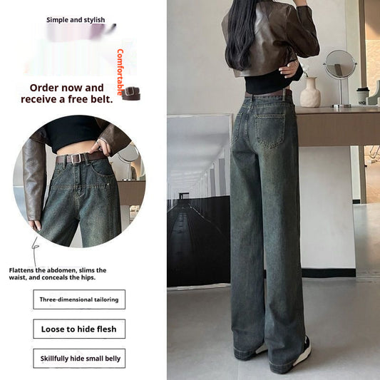 Cementgrå Kvinders Højtaljede Løstsiddende Slankende Smalle Lige Ben Gulvlange Brede Ben Denim Jeans