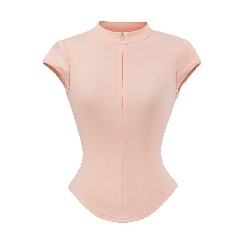 Round Neck Zipper Short Sleeved T-shirt
