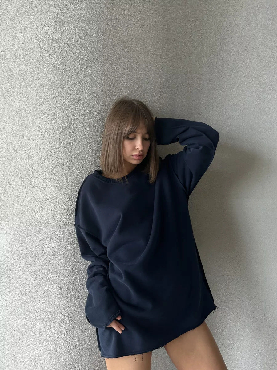Afslappet ensfarvet langærmet sweatshirt med rund hals