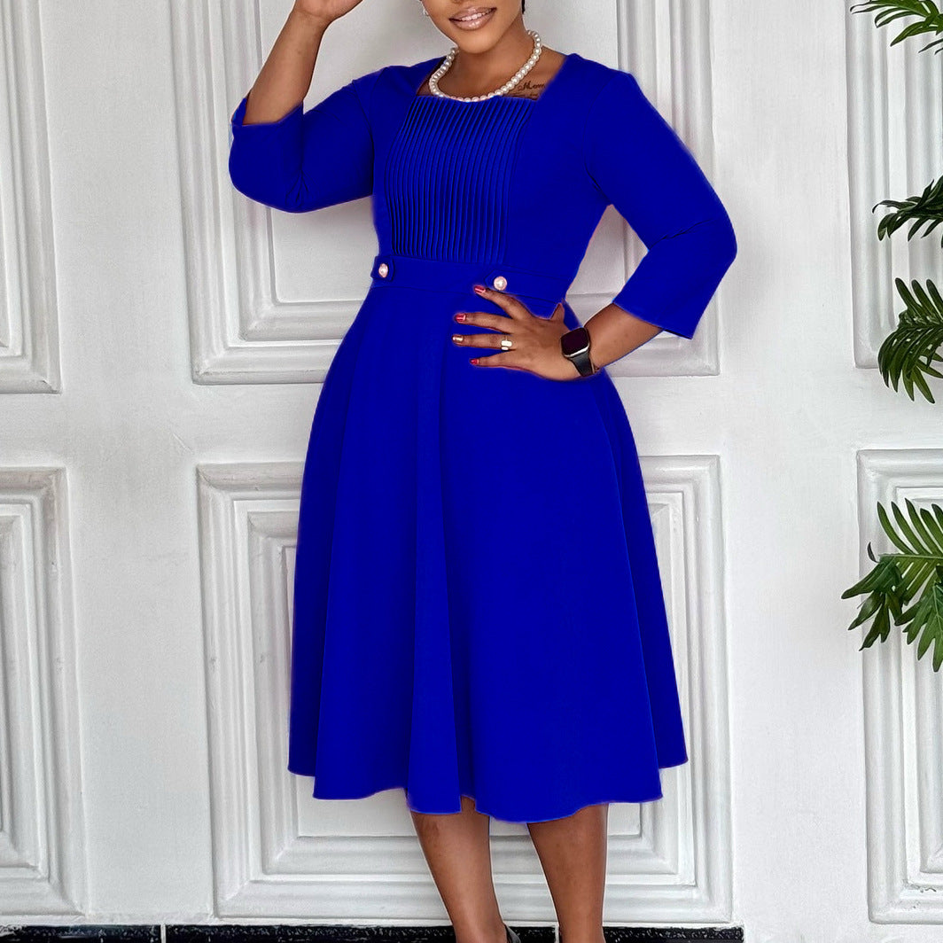 Fashionable Square-Neck Solid-Color Pleated Plus-Size Dress