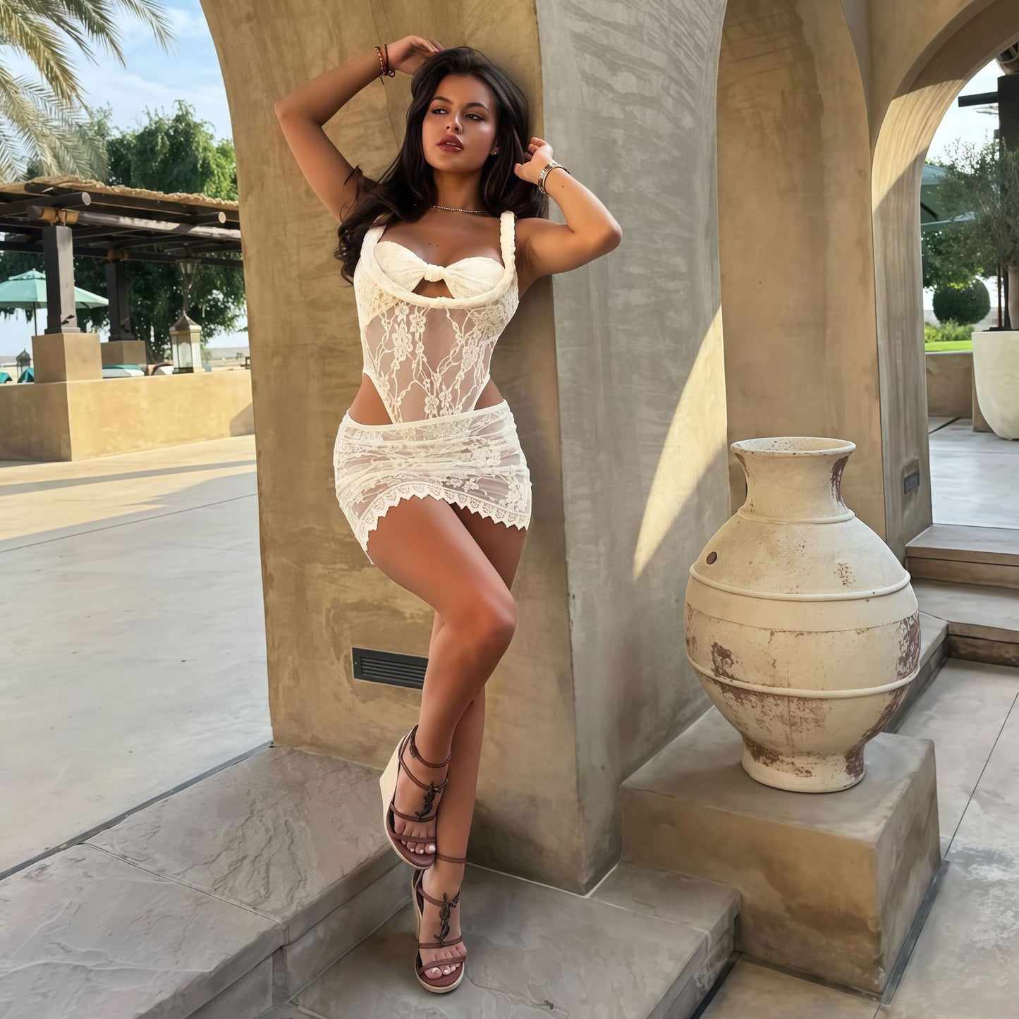 Beach Resort Style Solid Color Lace Two-Piece Set