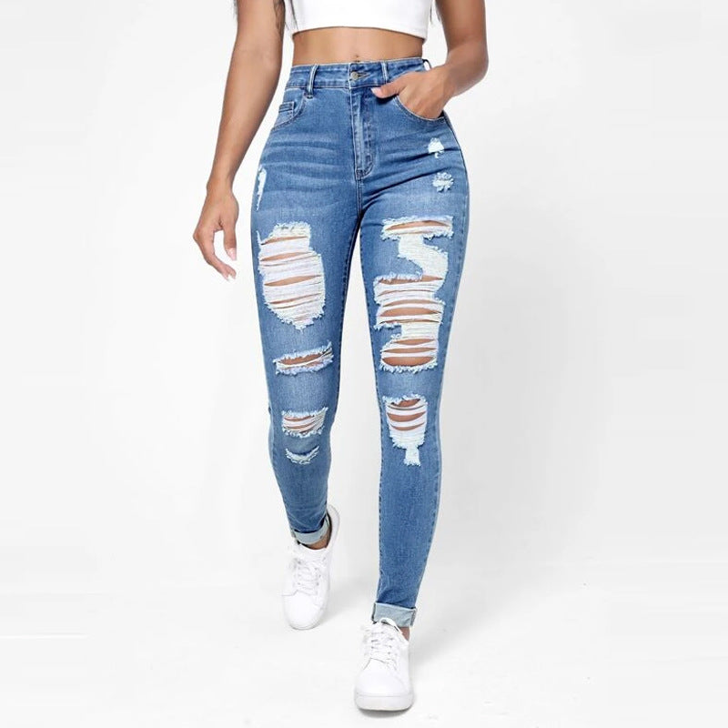 Skindbukser til damer med høj talje, slim fit, slankende huller, skinny bukser