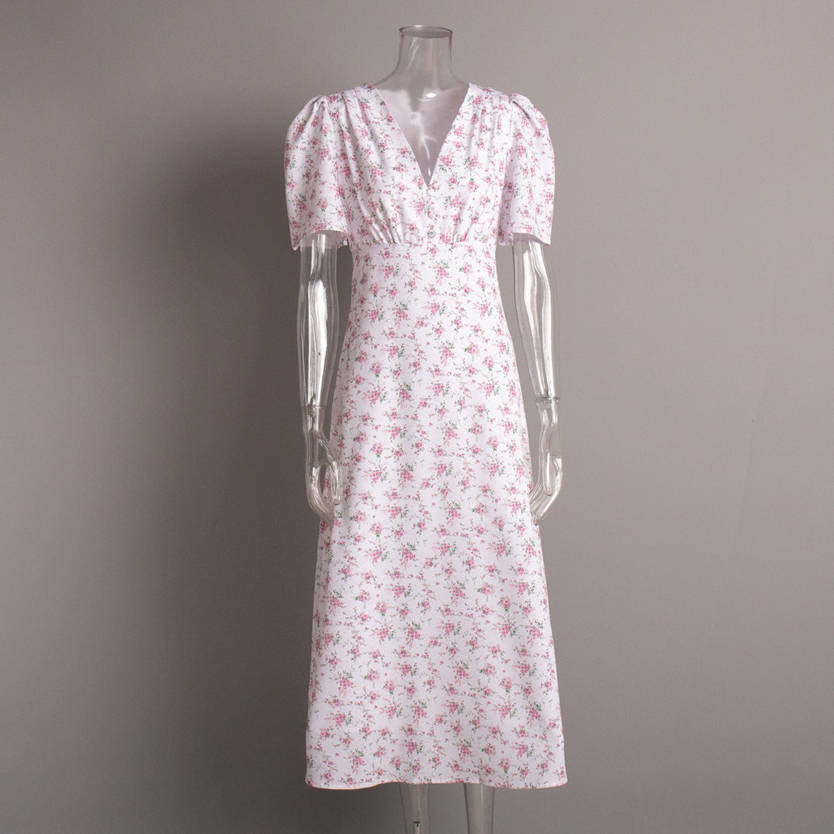 Summer New V-Neck Straight Shoulder High-Waisted Long Floral Print Dress