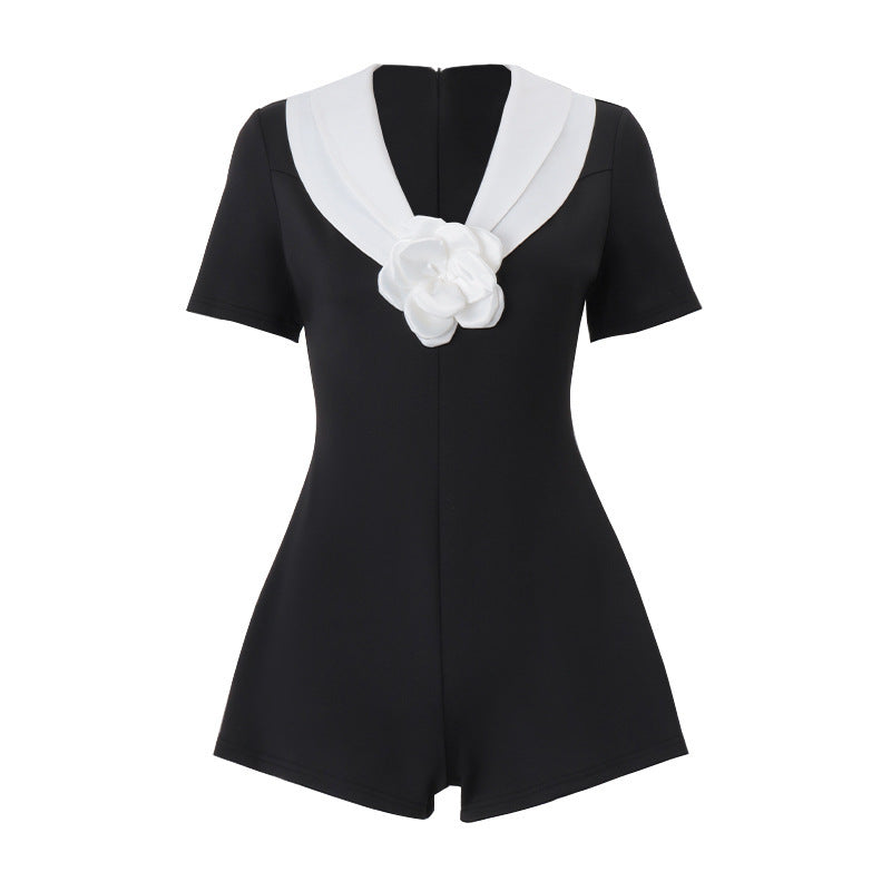 Womens Sexy Contrasting Color Waist-Cinching Short-Sleeve Jumpsuit Shorts