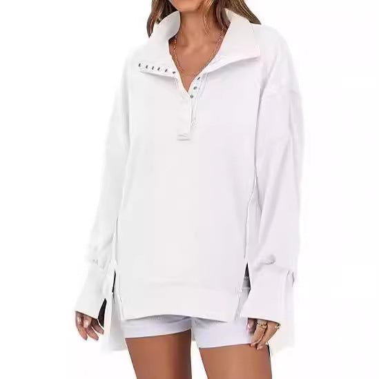 Decorative Moulding Design Blouse Split Lantern Sleeve Polo Collar Sweatshirt