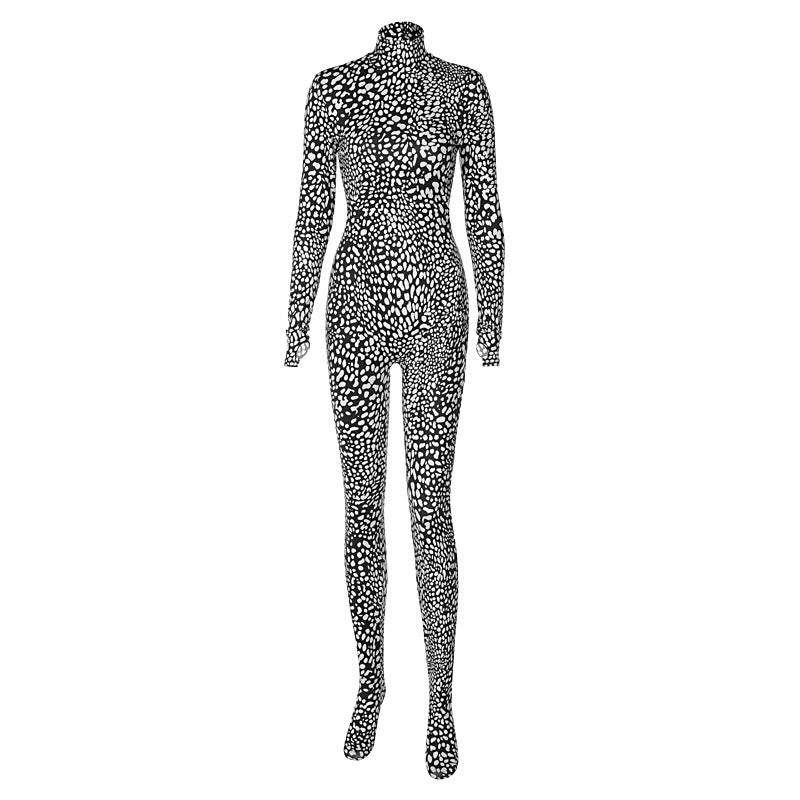 Fashion Printing Slim Back Zipper Turtleneck Long Sleeve Jumpsuit Wholesale