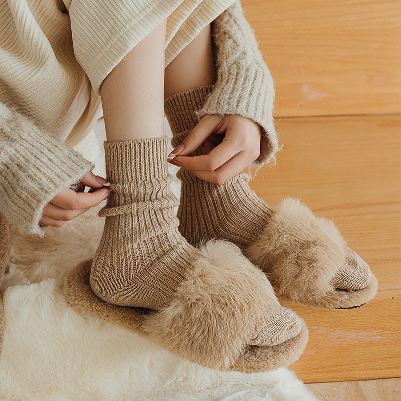 Solid-color Vertical-striped Wool Womens Socks For Fall And Winter