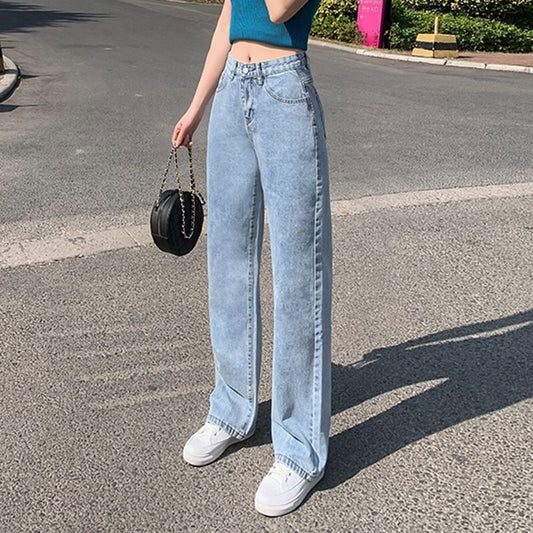 Wide-leg Jeans Dame High Waist Slankende Faldende Nye Efterår Mørkeblå Mavestrammende Høj Løs Lige Gulvlange Bukser