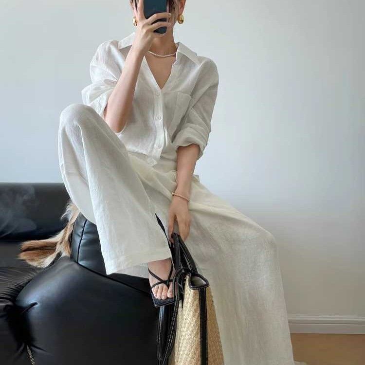 Breathable Shirt And Versatile Wide-Leg Pants Two-Piece Set For Women