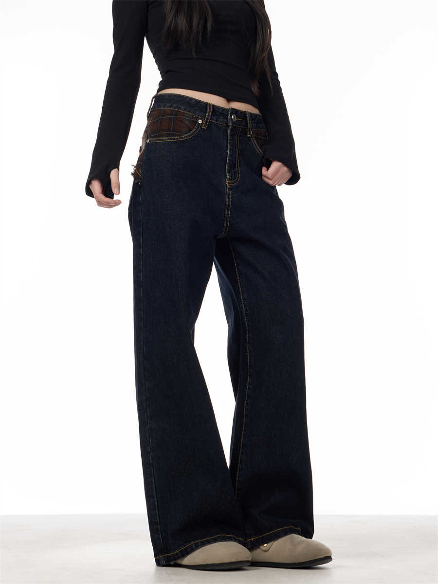 Retro Patchwork Plaid Blue Jeans For Women Loose Straight Trousers