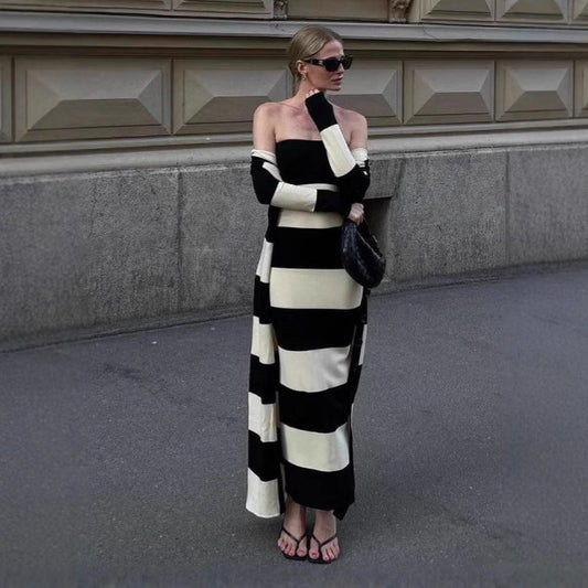Womens Knitted Color-Block Sexy Bodycon Striped Sheath Dress