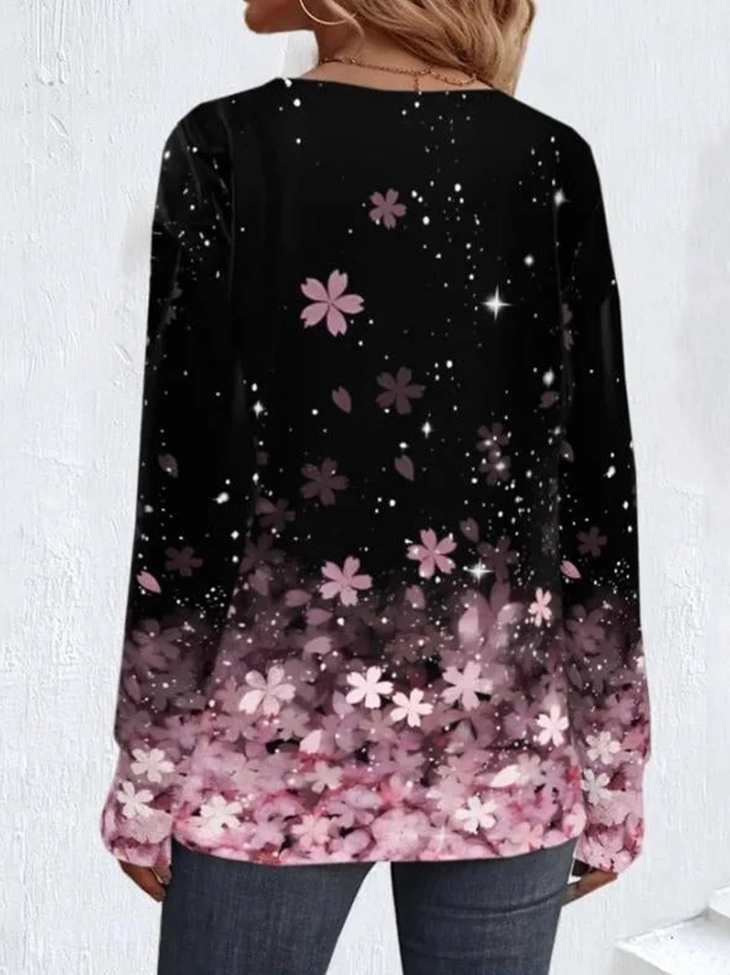Store Størrelser Dame Cross Collar Print Lang T-shirt