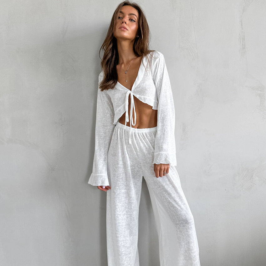 Summer Breathable Comfortable And Wearable Soft Long-sleeve Pajama Set With Long Pants