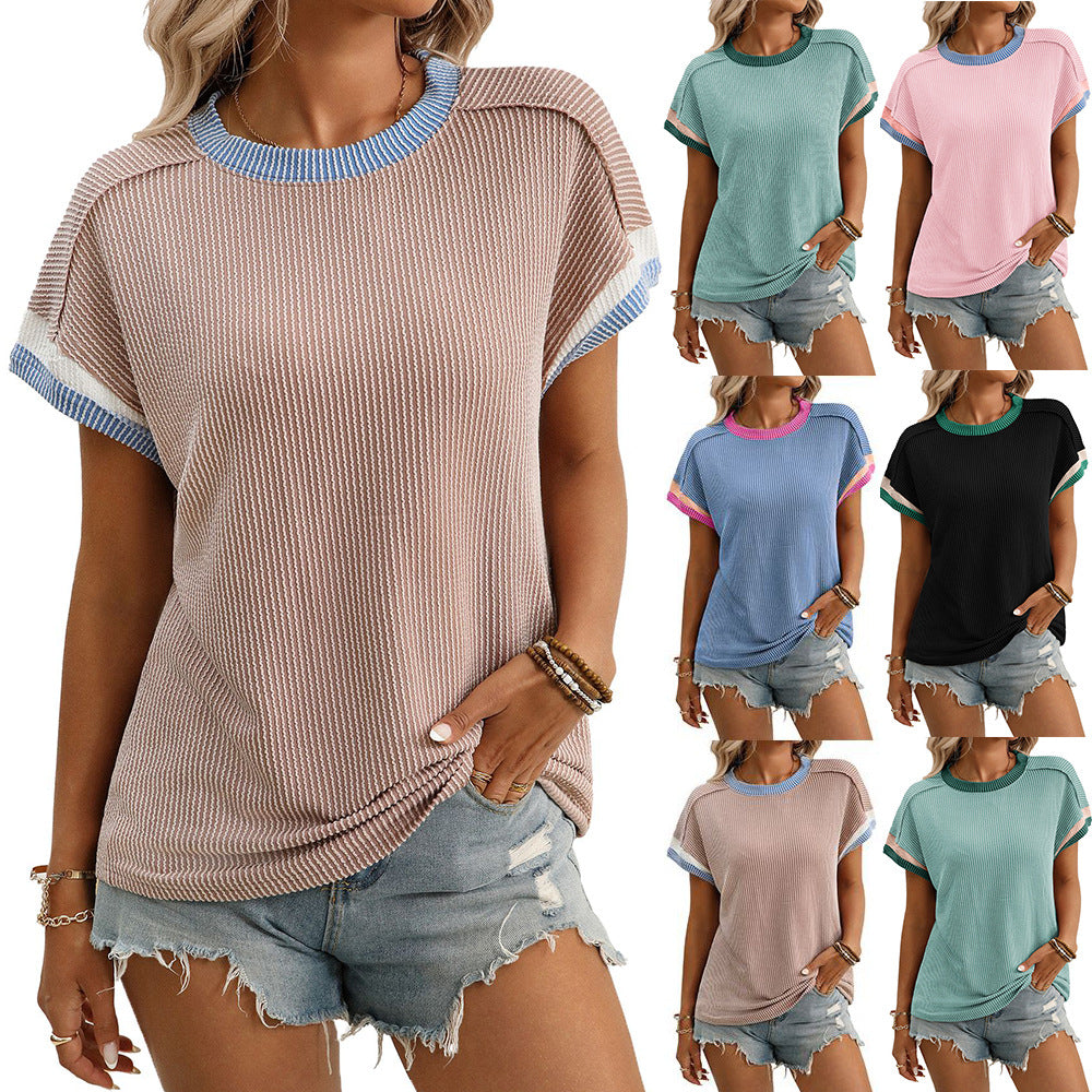 Round-neck Outer-seam Twisted-stripe Short-sleeve Loose-fit Color-block T-shirt