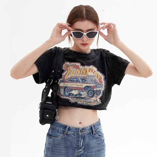 Retro Distressed Printed Short Sleeve Round Neck Shoulder Width Loose
