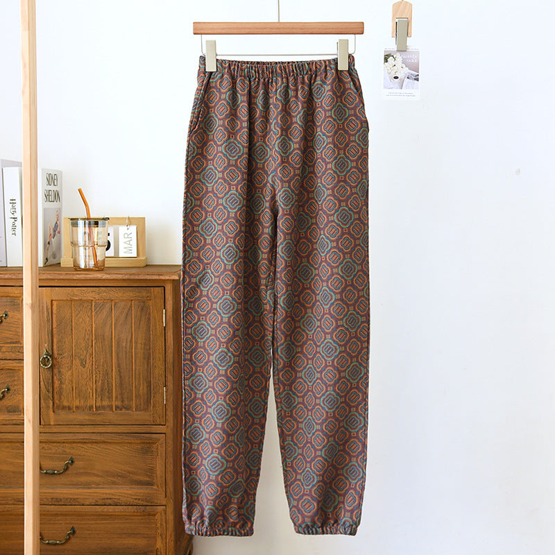 Women's Fashionable Vintage Yarn-dyed Closed Cotton Drawstring Trousers