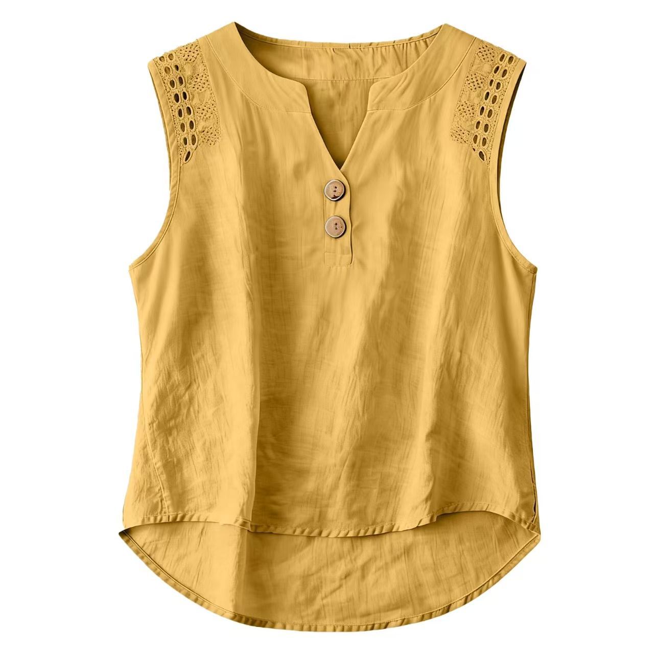Solid-color V-neck Hollow-out Button Cotton-linen Short-sleeve Top Shirt