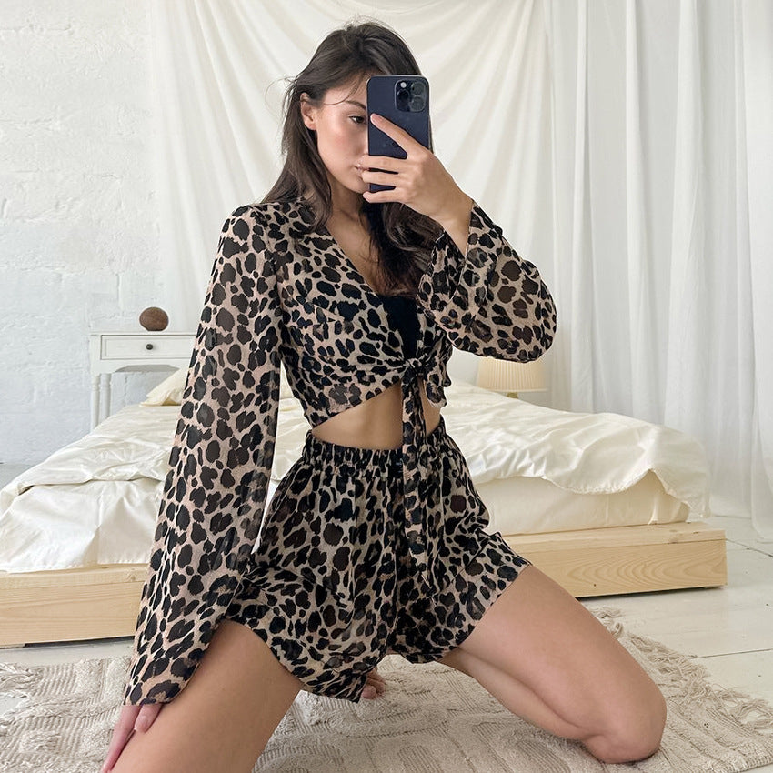 Printed Leopard-Print Outerwear Long-Sleeve Shorts Pajama Two-Piece Set