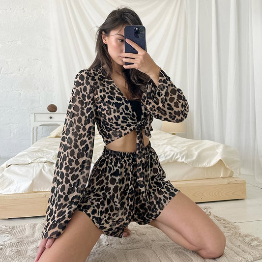 Printed Leopard-Print Outerwear Long-Sleeve Shorts Pajama Two-Piece Set