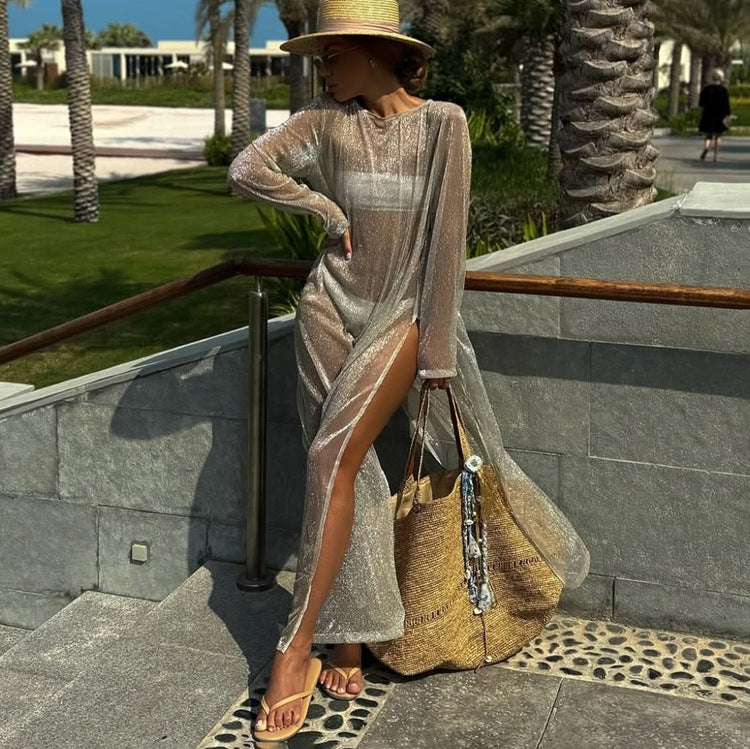 Sexy Sheer Round-Neck Long-Sleeve Split Sun-Protective Dress