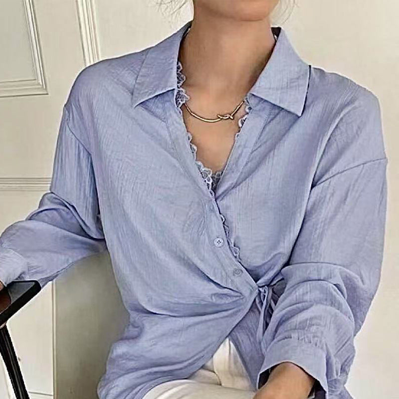 Blue Long Sleeved Shirt Lace-up Tup Cardigan Women