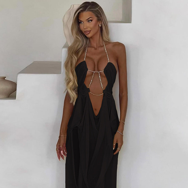 Mesh See-through Low-cut Halter Dress