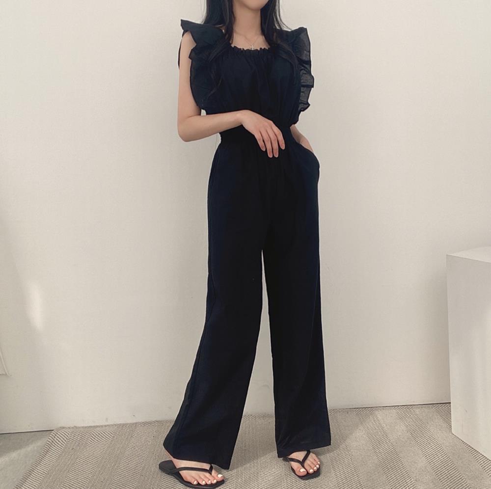 Fransk Retro Jumpsuit Med Firkantet Halsudskæring, Flæser, Flæseærmer, Elastik I Taljen Og Højtaljede Vide Ben Til Kvinder