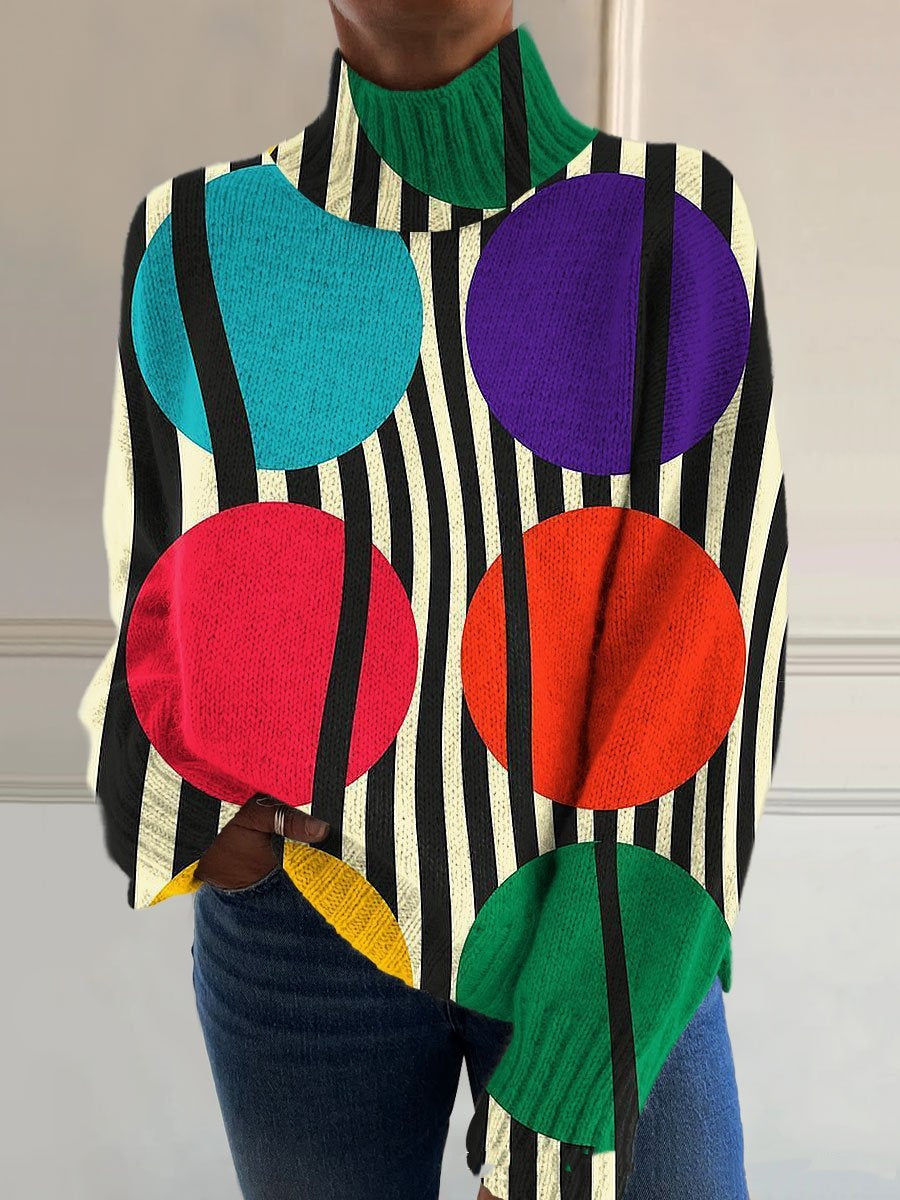 3D Striped Pattern Printed Turtleneck Long Sleeve Sweater