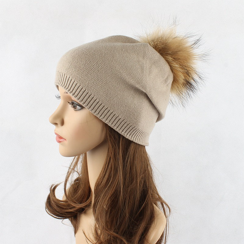 Raccoon Fur Ball Knitted Women's Solid Color Wool Pullover