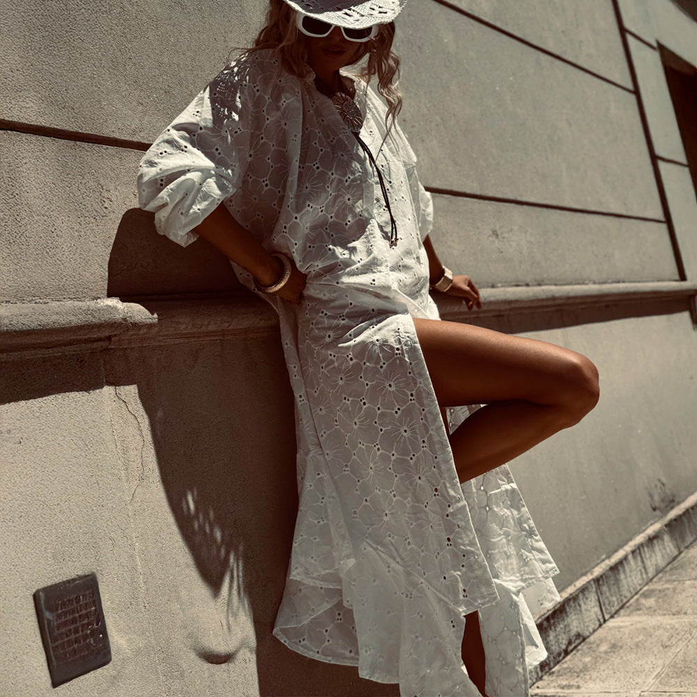 Loose-fitting, Single-breasted Embroidery Dress With Ruffled Hem