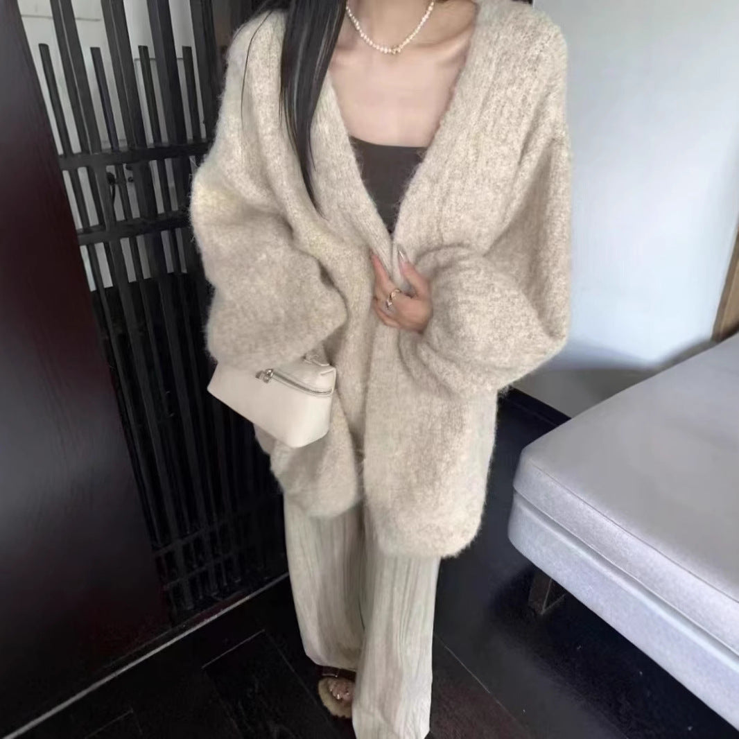 Autumn And Winter Loose Alpaca Fleecefiber Knitted Cardigan