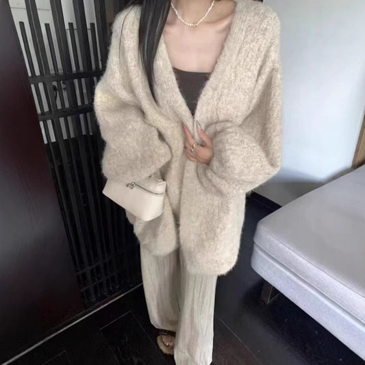 Autumn And Winter Loose Alpaca Fleecefiber Knitted Cardigan