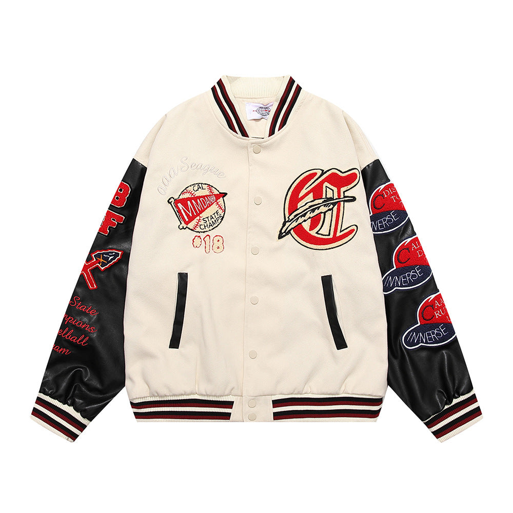 Color Contrast Patchwork PU Leather Sleeve Machine Embroidery Letter Baseball Uniform Jacket