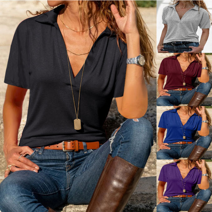 Summer European And American Leisure V-neck Solid Color Polo Collar Short Sleeve Women