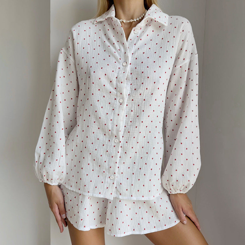 White Heart-Print Cotton Long-Sleeve Short-Pants Pajama Set Home Wear