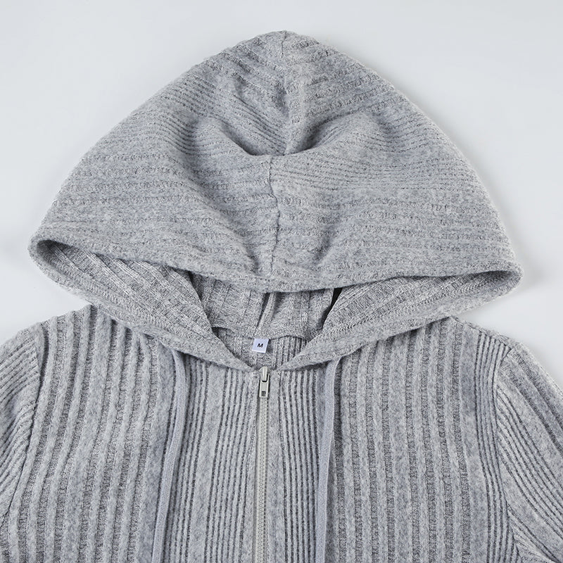 Autumn And Winter Gray With Zipper Cardigan Short Hooded Knitted Jacket