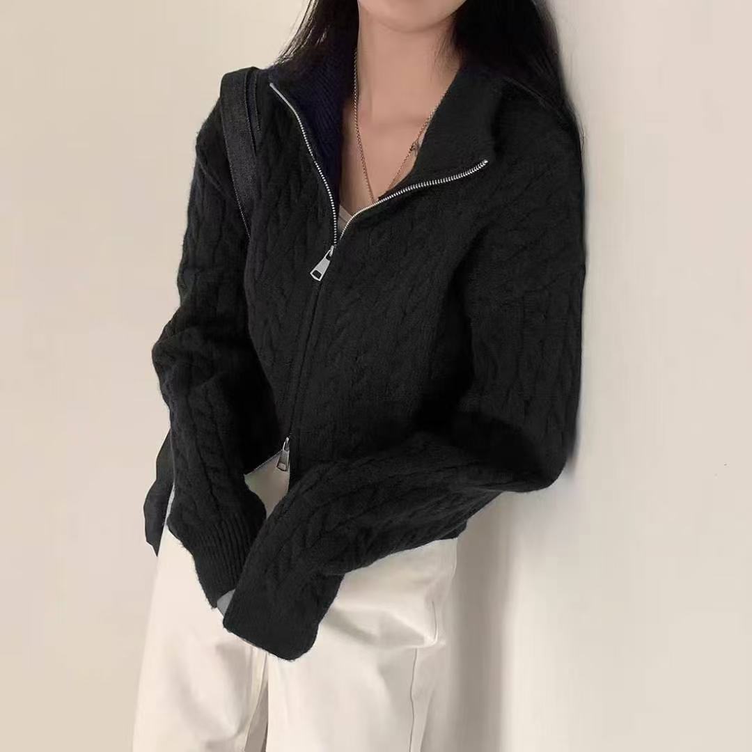 High-grade Lapel Double Zipper Twist Solid Color Sweater