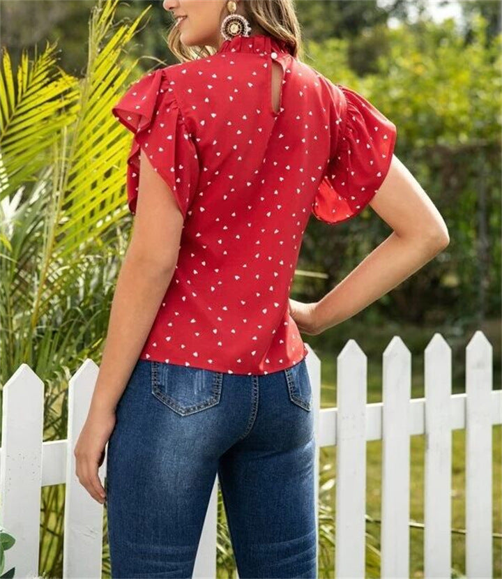 Summer Women's Stand Collar Love Stitching Top Short Sleeve