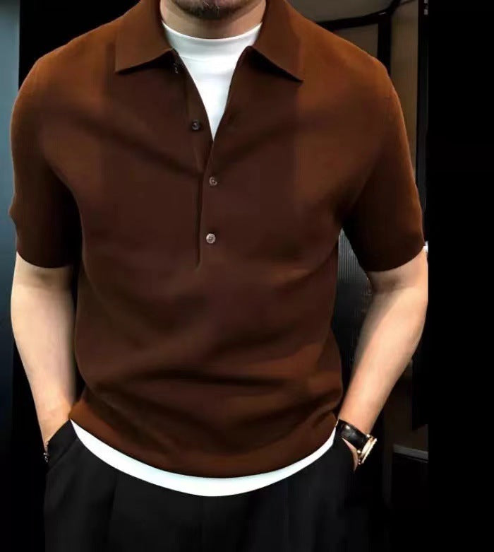 Solid Color Polo Collar Polo Shirt Men's Simple Style Slim Fit High Knitted Top