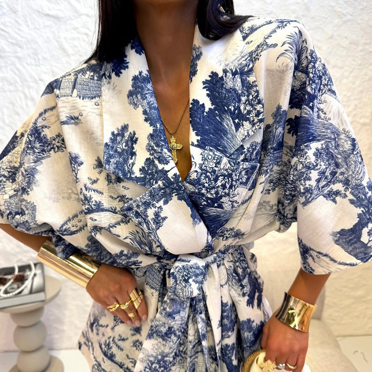 Womens Chinese-style Floral-print Top And Shorts Two-piece Set