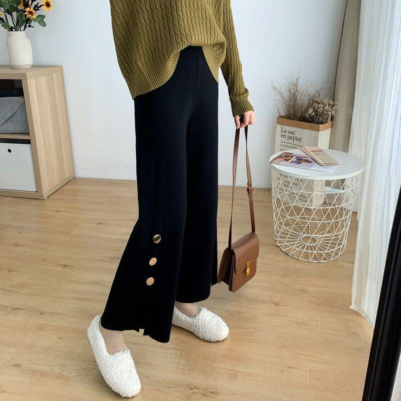 High Waist Design Sense Bootcut Pants Loose Slimming And Wide Leg Slit Knitted Women's Casual Trousers